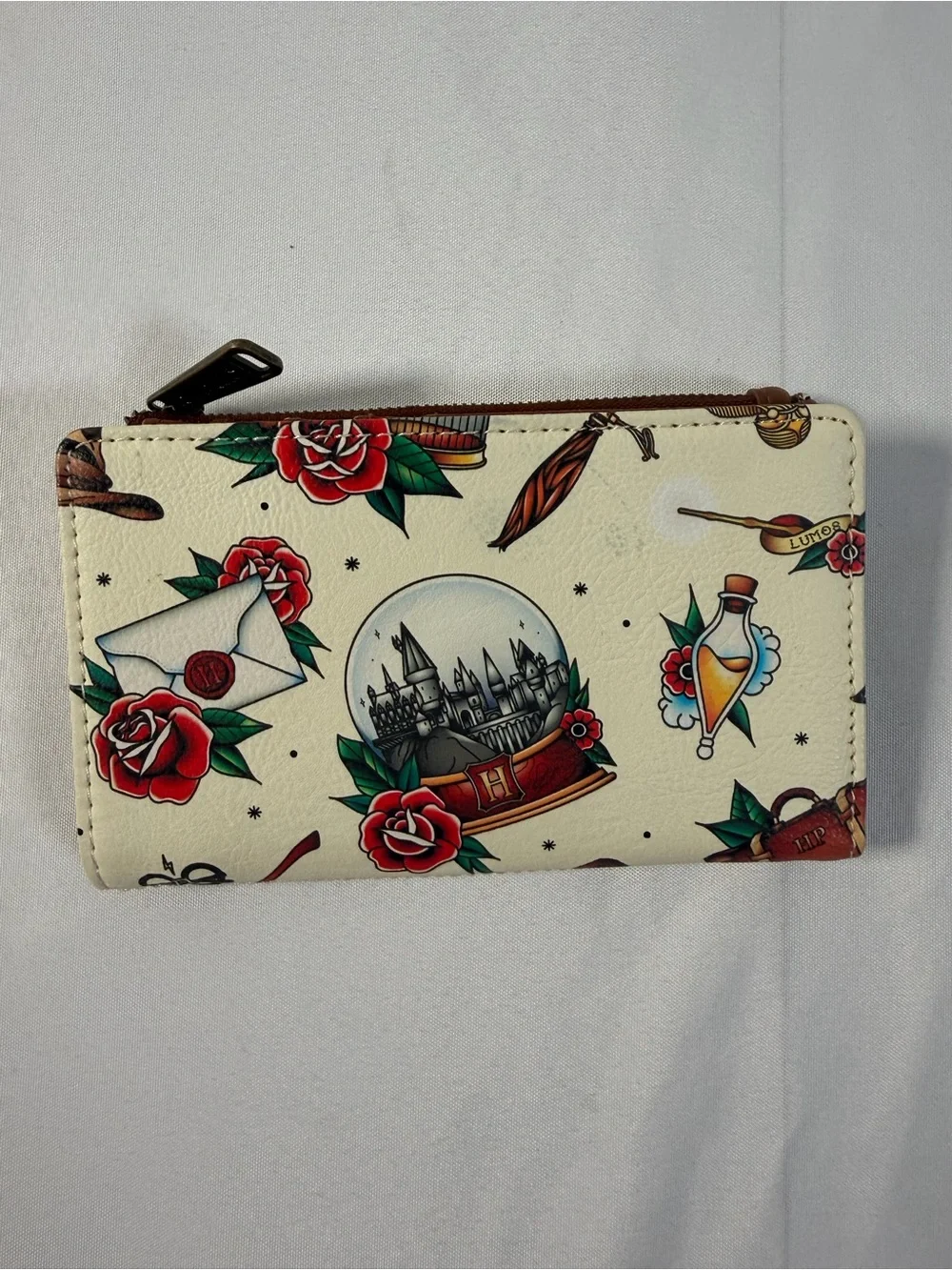 Loungefly Harry Potter Tattoo Print Faux Leather Bi-fold Wallet Cream White